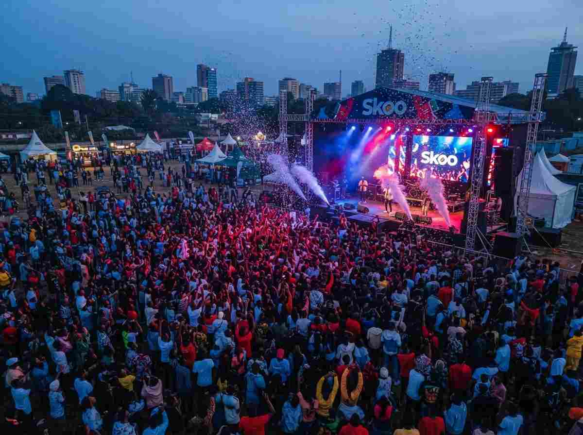 Aerial view of a Skoo night concert over the Nairobi skyline