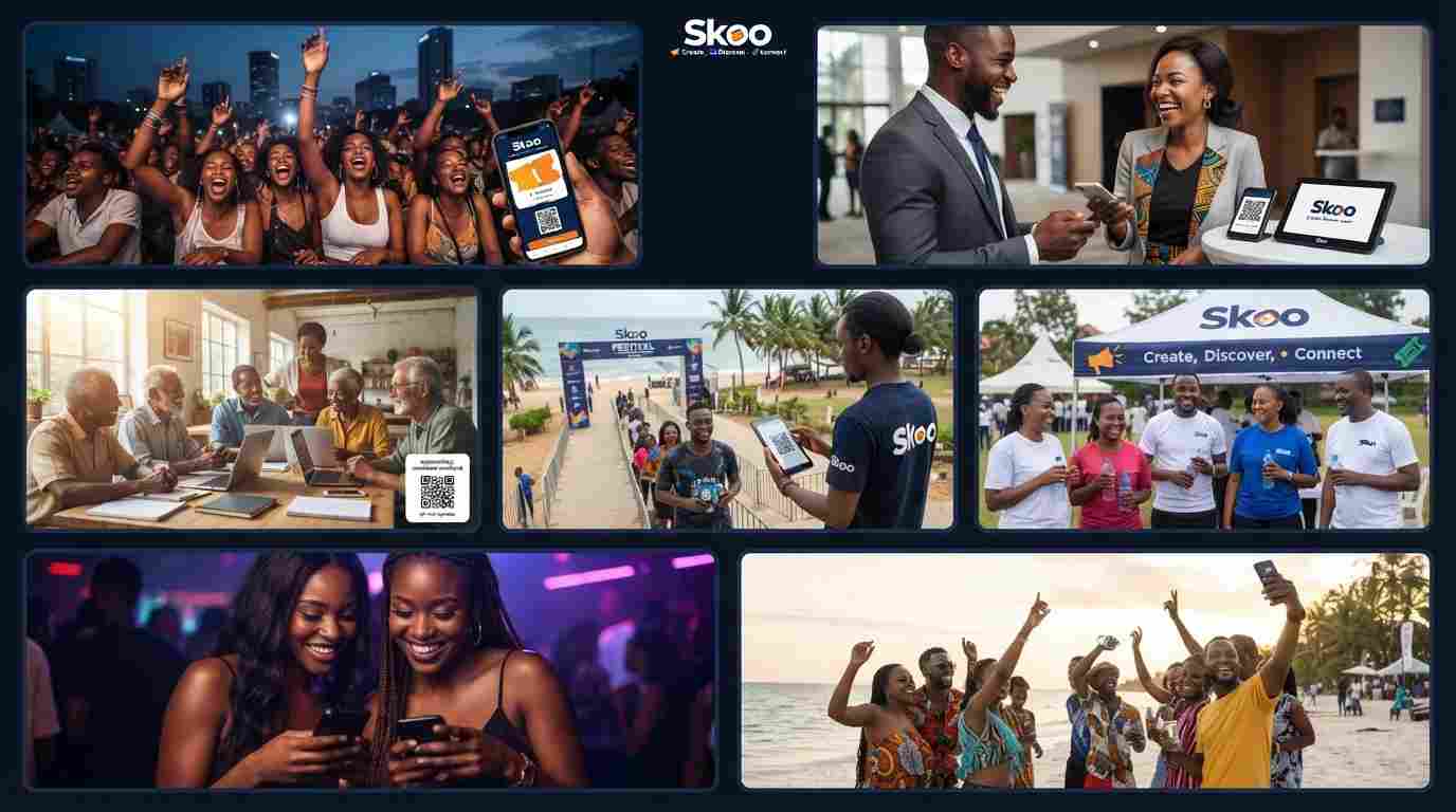 Collage of Skoo events across Kenya — concerts, meetups, fundraisers and check-ins