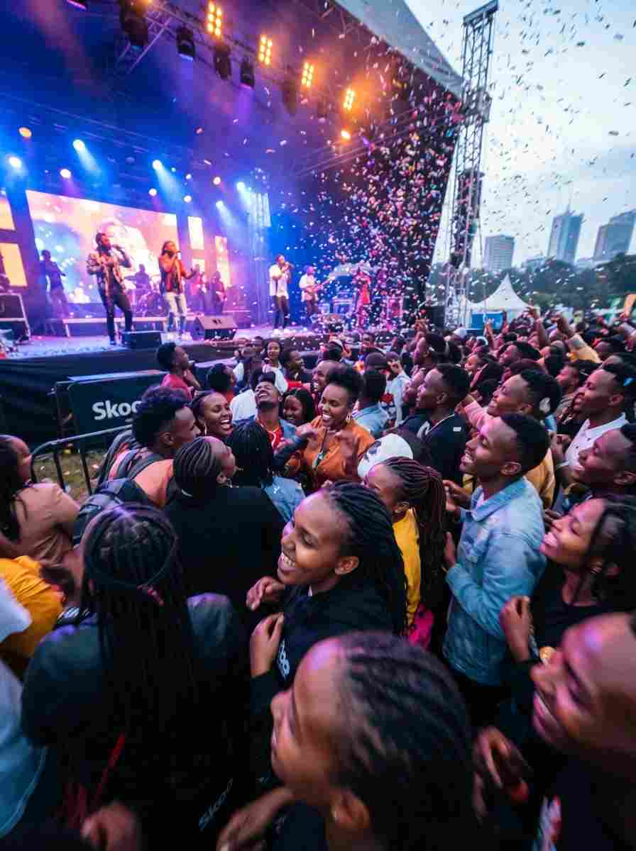 Concert crowd under confetti at a Skoo event